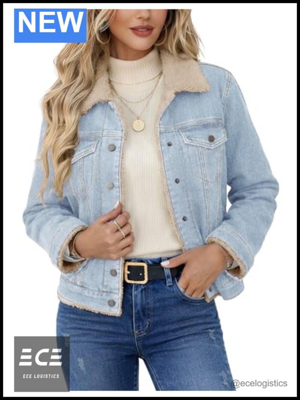 Sherpa Lined Fleece Denim Jacket Fur Collared Button Down Trucker Coat